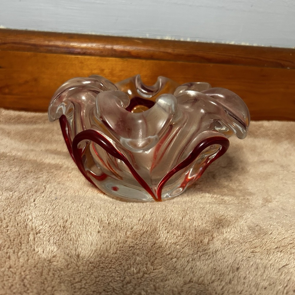 Vintage Murano Art Glass , Red Details, Heavy, Ash Tray Or Candy Bowl